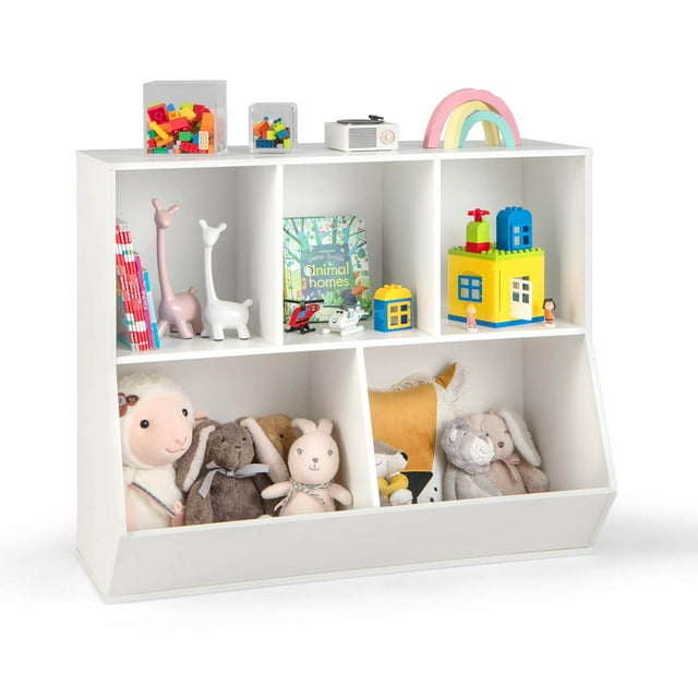 Costway 5-Cubby Kids Toy Storage Organizer Wooden Bookshelf Display Cabinet White