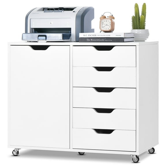 Costway 5-Drawer Chest Rolling Storage Dresser Lateral File Cabinet with Adjustable Shelf