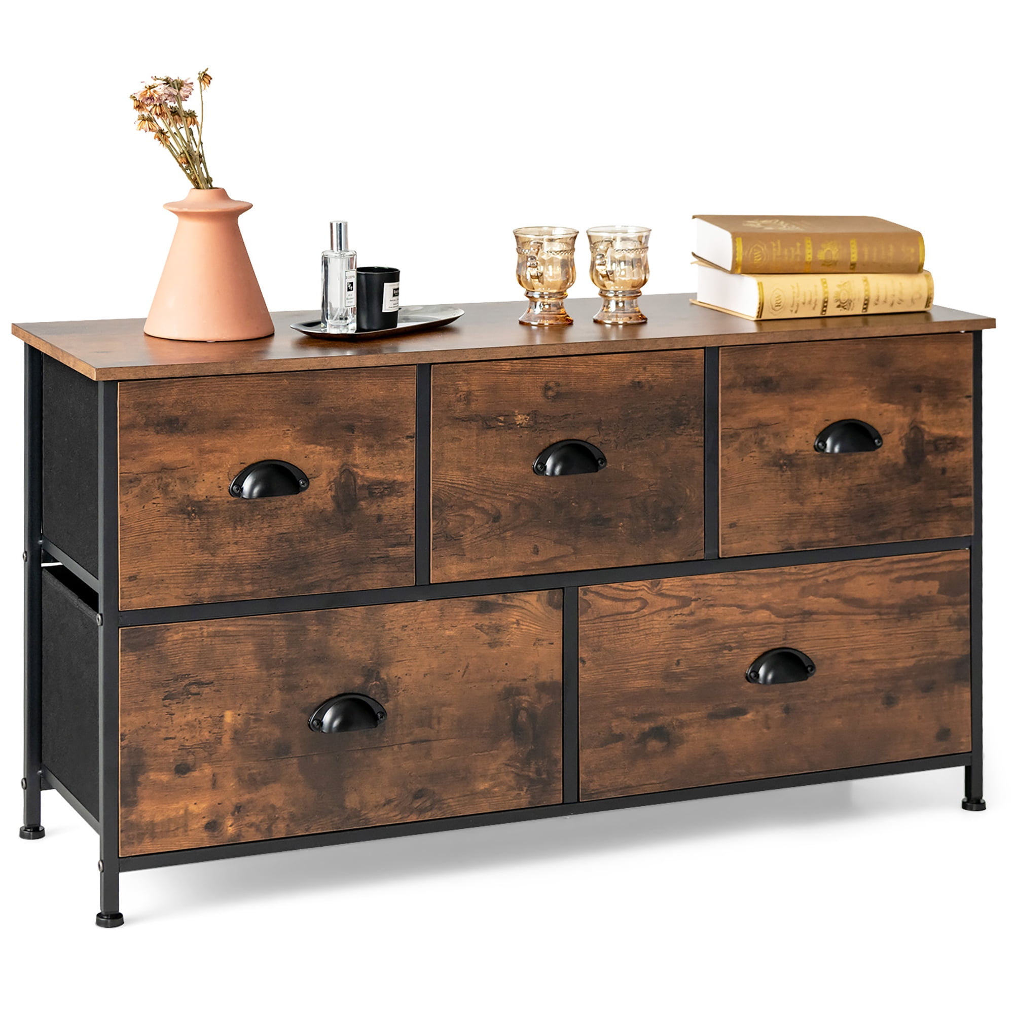 Costway 5-drawer Dresser Fabric Storage Tower W/wooden Top Chest