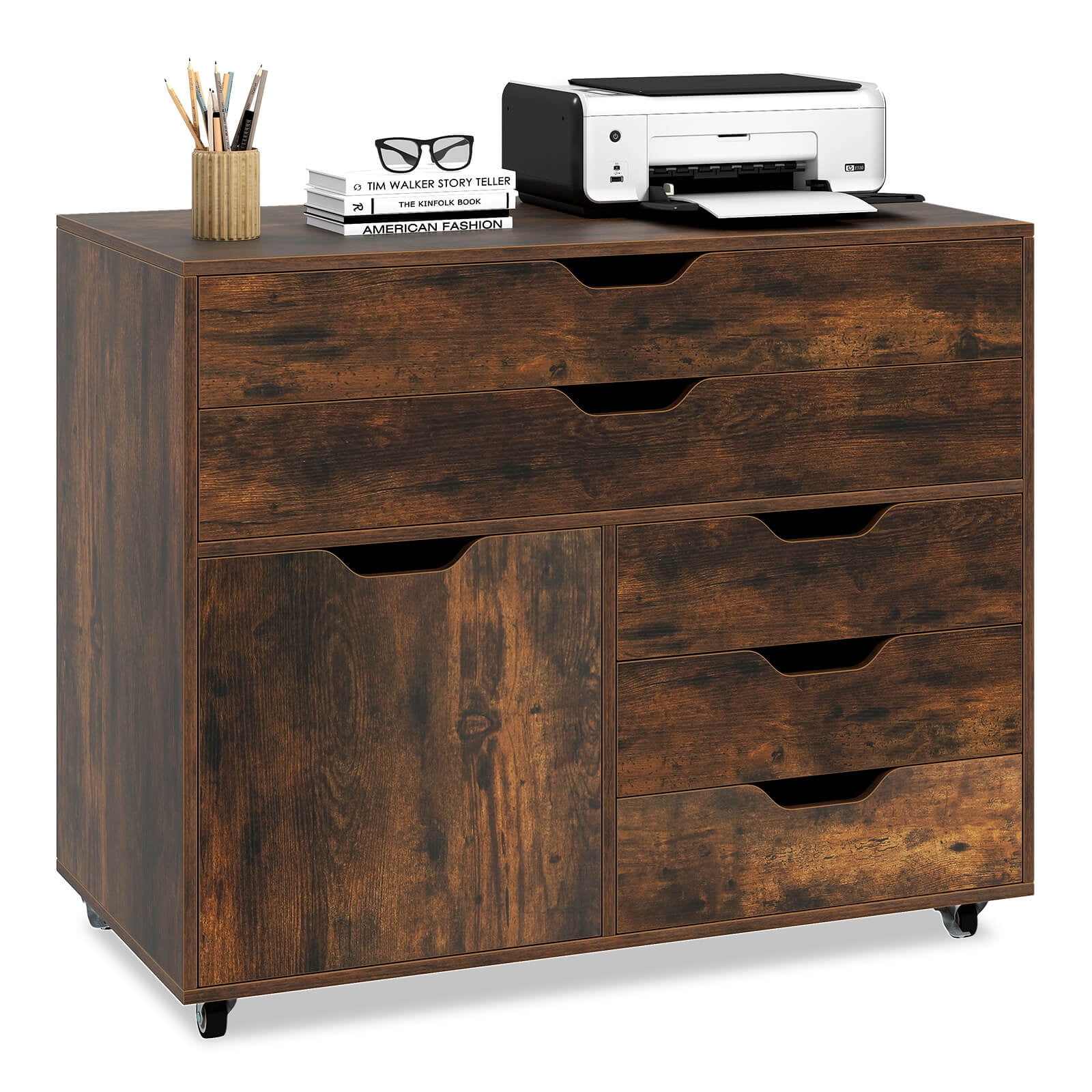 Costway 5-Drawer File Cabinet Mobile Chest of Drawers with Side Cabinet 5 Casters Brown