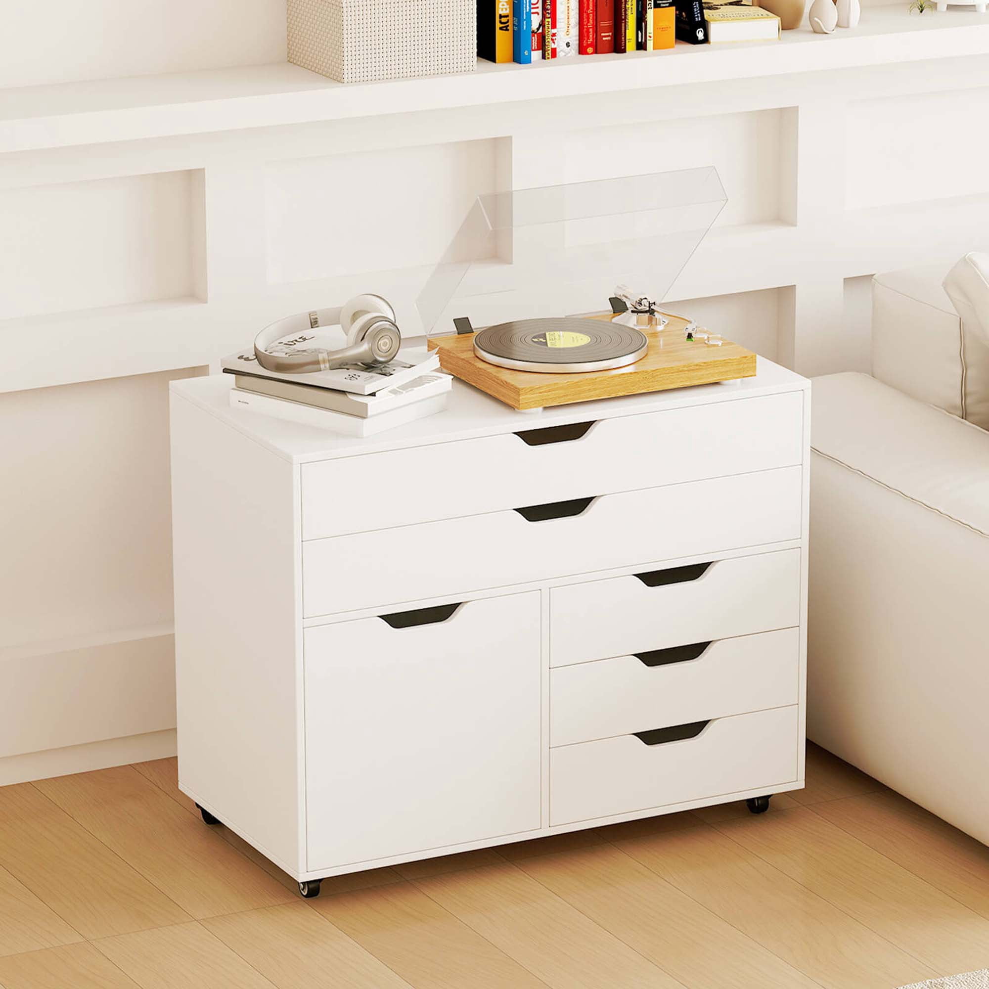 Costway 5-Drawer File Cabinet Mobile Chest of Drawers with Side Cabinet 5 Casters