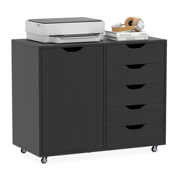 Costway 5-Drawer File Cabinet with Door, Wheels and 5-Level Adjustable Shelf for Home Black