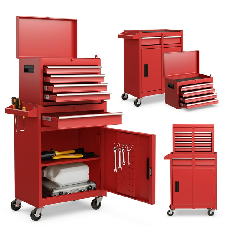 Costway 5-Drawer Rolling Tool Chest Cabinet Metal Tool Storage Box Lockable  with Wheels Red