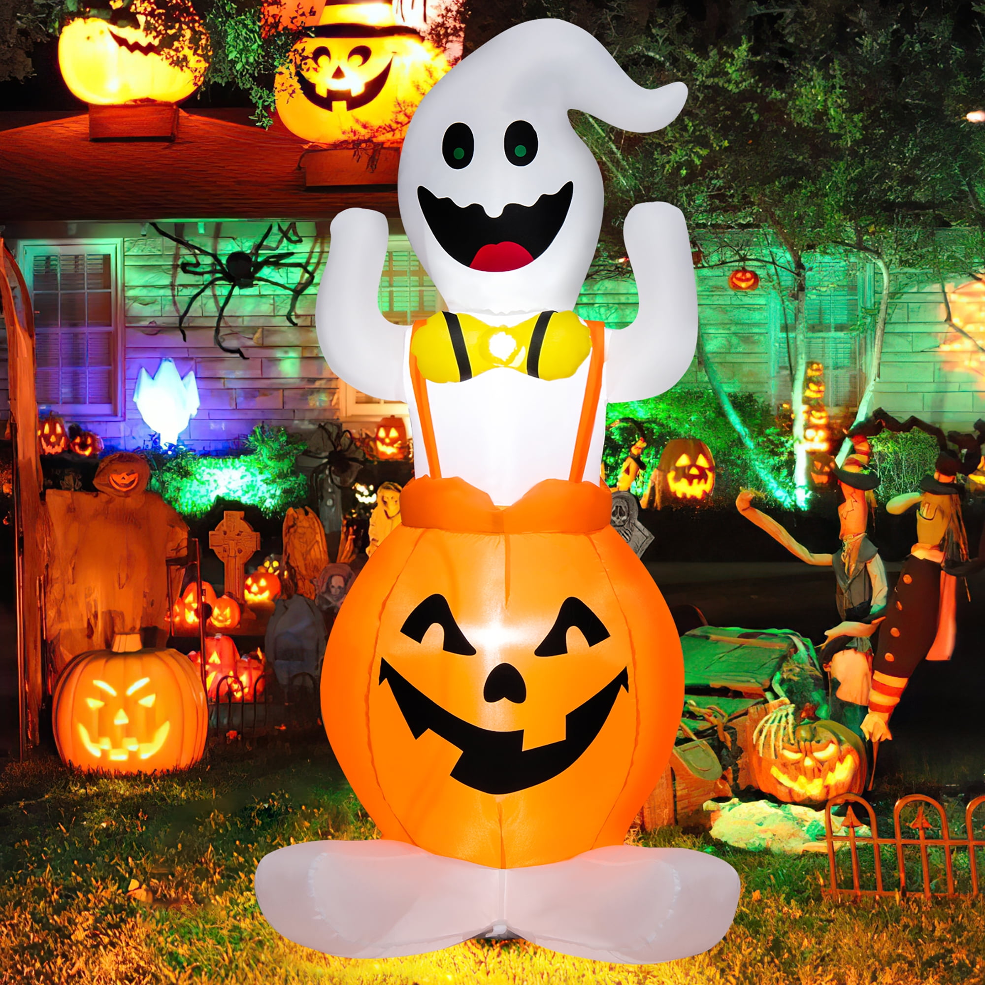Costway 5 FT Inflatable Halloween Pumpkin Ghost Blow-up Yard Decoration ...