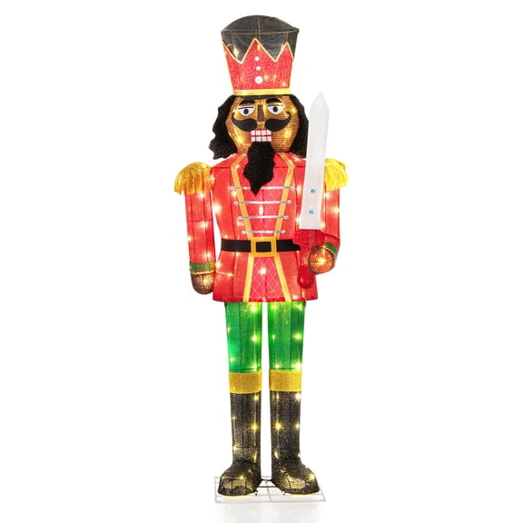 Costway 5 FT Lighted Christmas Nutcracker with Glitter Sword, 100 LED Lights Ground Stakes
