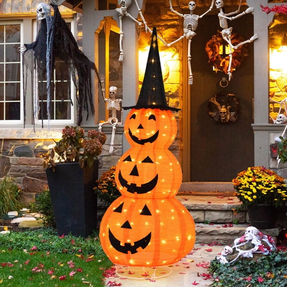 Costway 5 FT Lighted Halloween Decorations Collapsible Stacked Pumpkins with Witch Hat