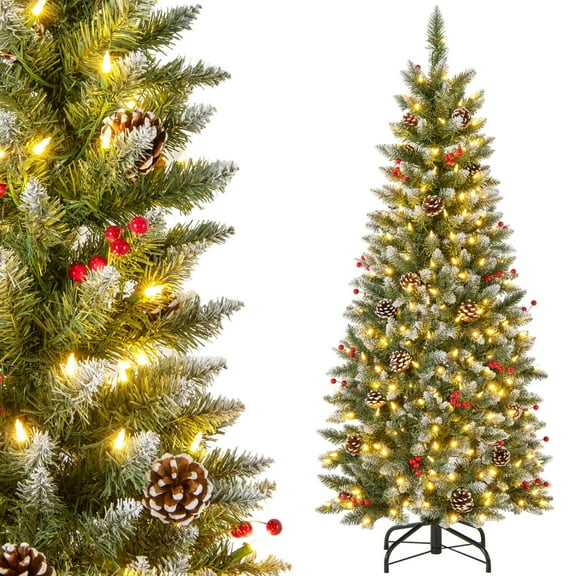 Costway 5 FT Pre-Lit Artificial Christmas Tree with 408 Snowy Branch Tips 250 LED Lights