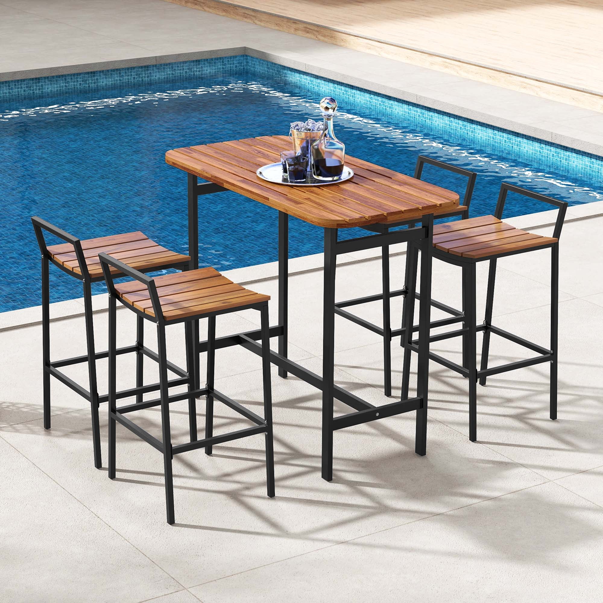 Costway 5 PCS Acacia Wood Bar Table Set Outdoor Bar Height Table Chairs with Metal Frame Walmart