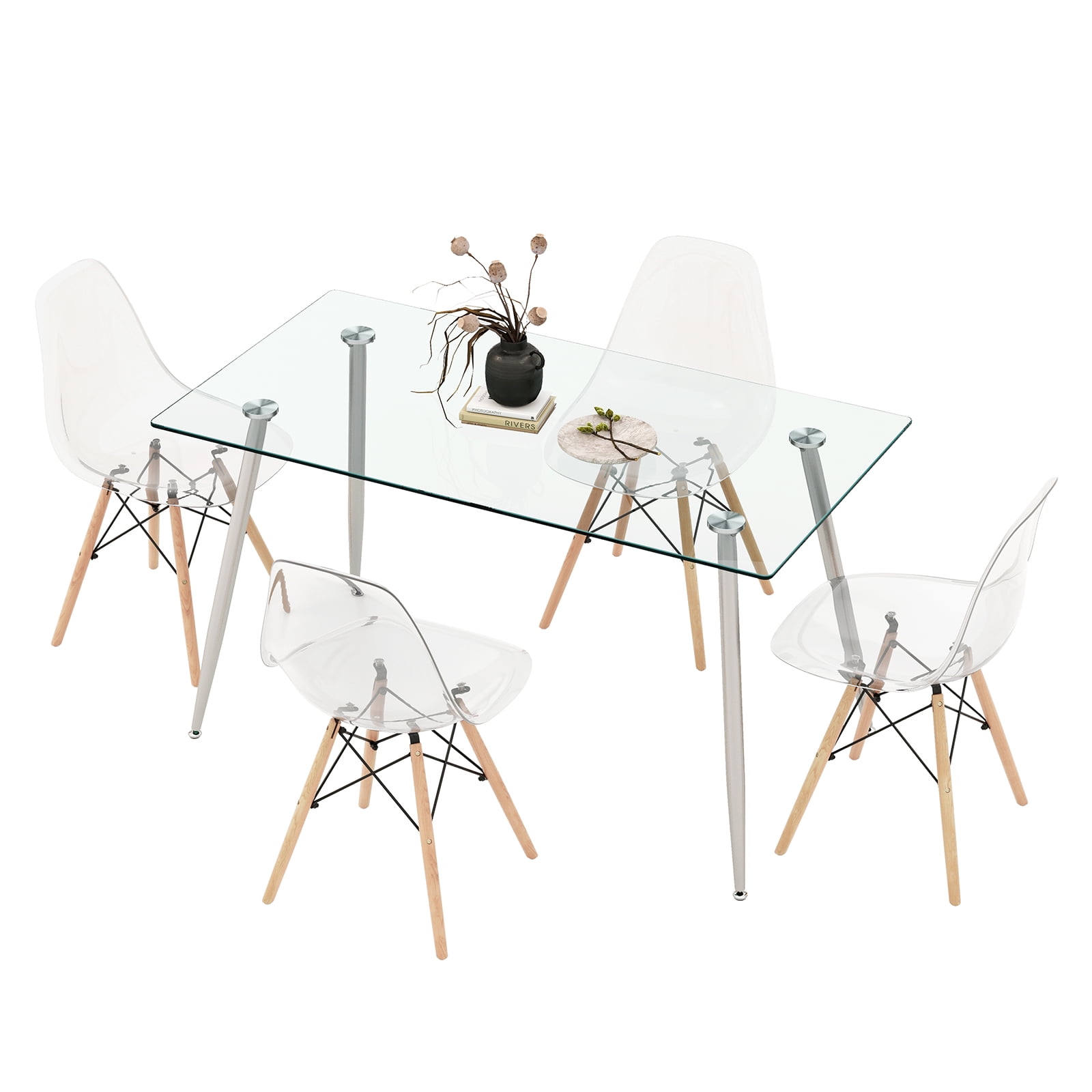 Modern Glass Dining Table Set with Clear Chairs and Metal Legs