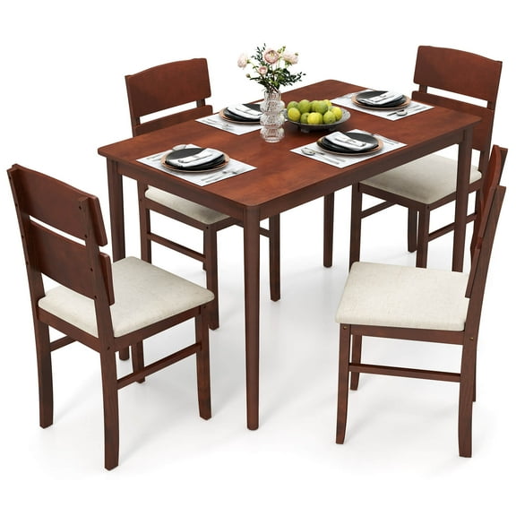 Costway 5 PCS Dining Table Set for 4 Farmhouse Wooden Table & 4 Upholstered Chairs