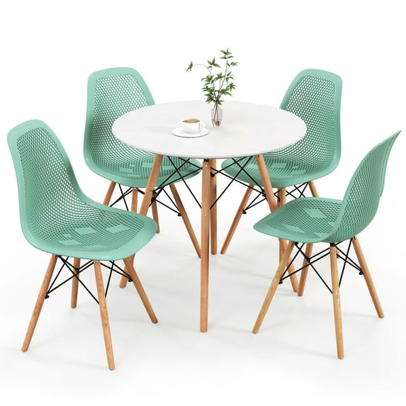 Costway 5 PCS Dining Table Set for 4 Persons Modern Round Table & 4 Chairs with Wood Leg Green