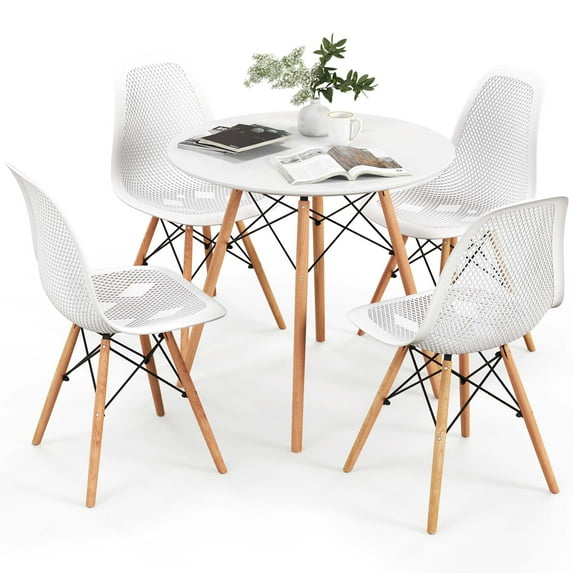 Costway 5 PCS Dining Table Set for 4 Persons Modern Round Table & 4 Chairs with Wood Leg White