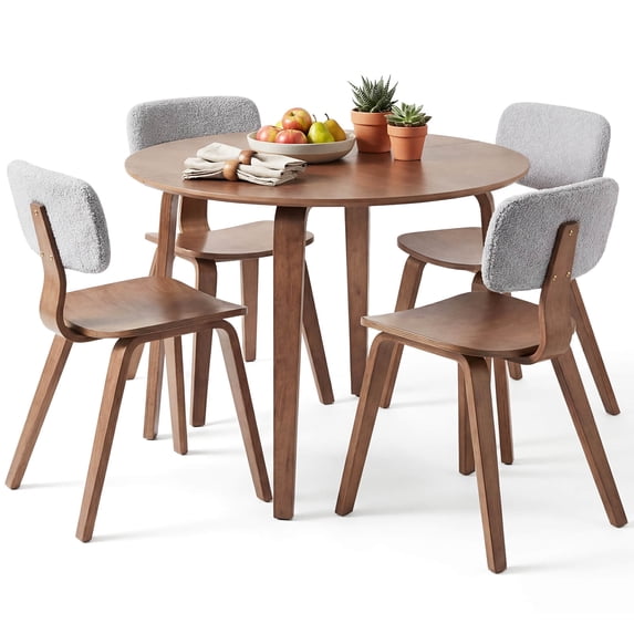 Costway 5 PCS Dining Table Set with 4 Padded Dining Chairs, Circle Dinner Dinette Table Gray & Walnut
