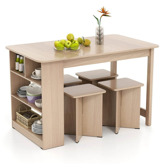 Costway 5 PCS Dining Table Set with Storage Shelf Rectangular Kitchen Table with 4 Stools Beige