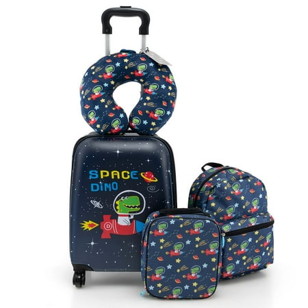 Costway 5 PCS Kids Luggage Set with Backpack Neck Pillow Luggage Tag Lunch Bag Wheels Dark Blue - Dark Blue