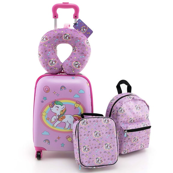 Costway 5 PCS Kids Luggage Set with Backpack Neck Pillow Luggage Tag Lunch Bag Wheels Pink