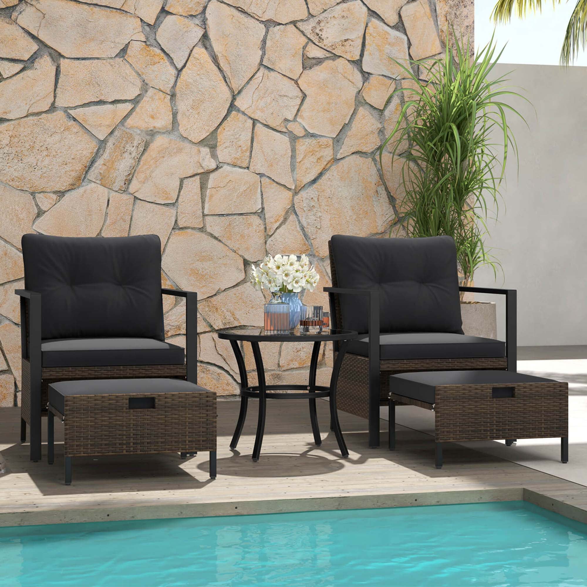 Costway 5 PCS Outdoor Furniture Set Rattan Chairs & Ottomans with Glass Topped Coffee Table Black