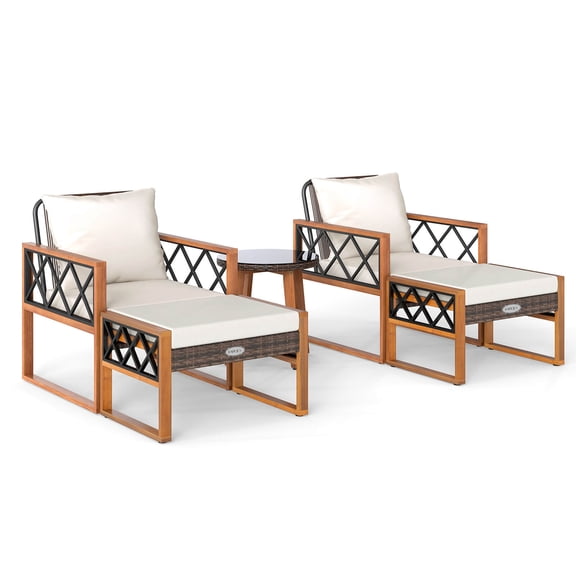Costway 5 PCS PE Rattan Outdoor Conversation Set with Acacia Wood Table Chairs with Ottomans