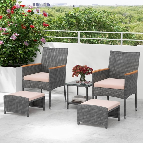 Costway 5 PCS Patio Conversation Set with Soft Cushions Ottomans & Tempered Glass Top Table