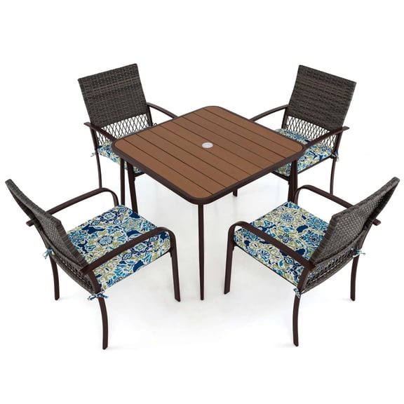 Costway 5 PCS Patio Dining Set with Wood-Plastic Tabletop & Umbrella Hole for Backyard
