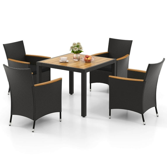 Costway 5 PCS Patio Dining Table Set for 4 Rattan Conversation Set with Umbrella Hole Black