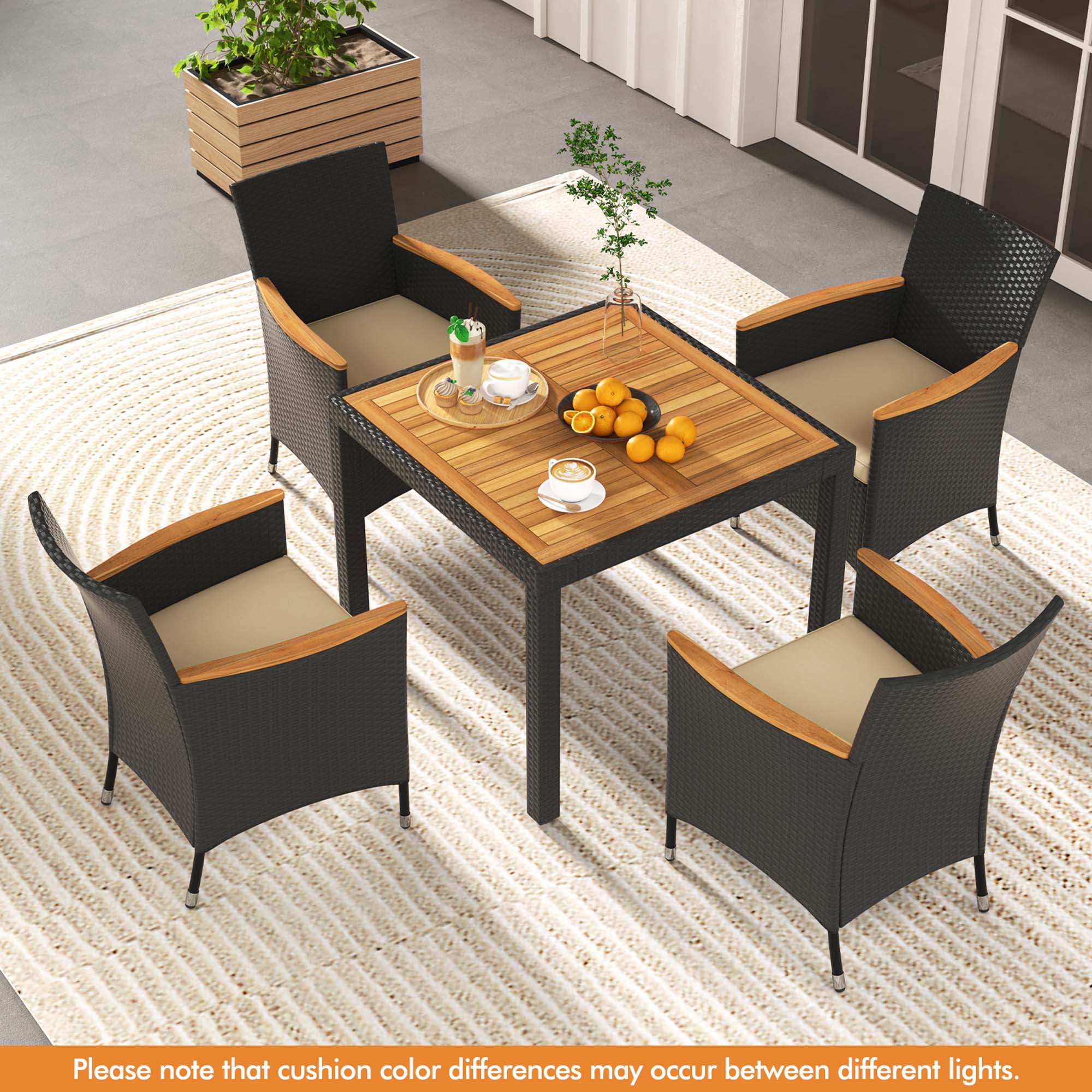 Black and Brown Acacia Wood Rattan Patio Dining Set for Four