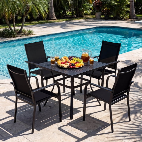Costway 5 PCS Patio Furniture Dining Set, Outdoor Square Table & Stackable Chairs with Umbrella Hole Black