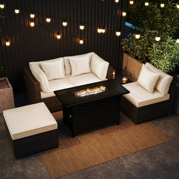 Costway 5 PCS Patio Furniture Set Heavy-duty Frame Rattan Sofa Set with 60,000 BTU Firepit Table White