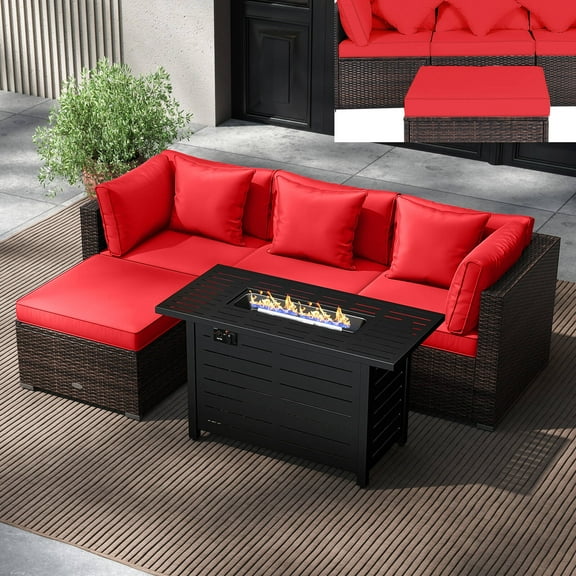 Costway 5 PCS Patio Furniture Set Heavy-duty Frame Sofa Set with 60,000 BTU Firepit Table Red
