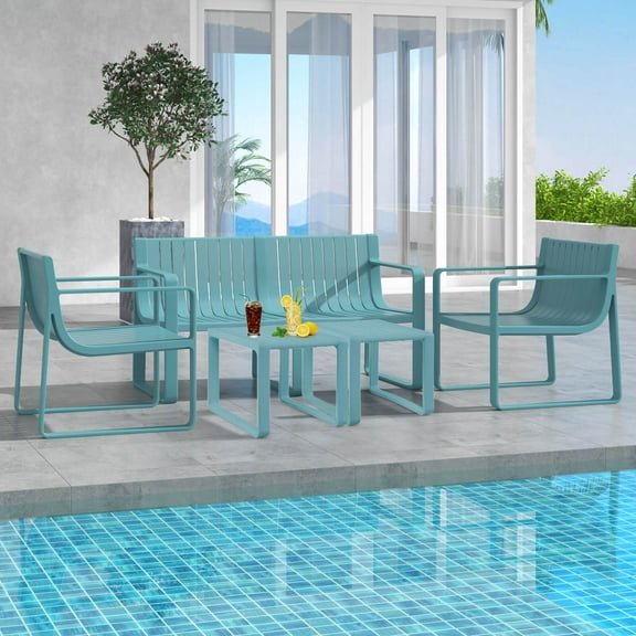Costway 5 PCS Patio Furniture Set with 1 Loveseat 2 Patio Chairs & 2 Side Tables Blue