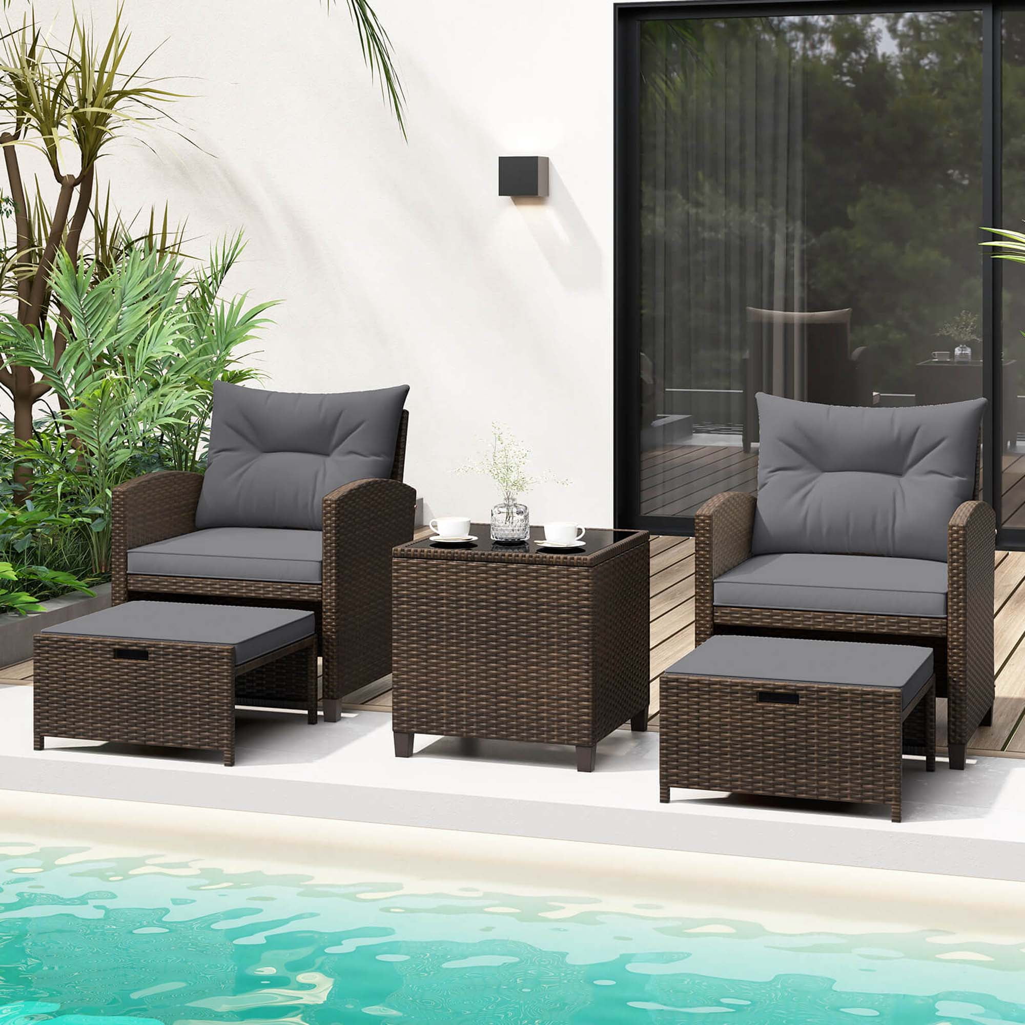 Gray PE Rattan 5-Piece Patio Furniture Set with Cushions and Tempered Glass Table