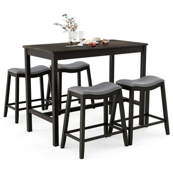 Costway 5-Pcs Counter Height Table & Upholstered Saddle Stools Rubberwood Pub Table Set