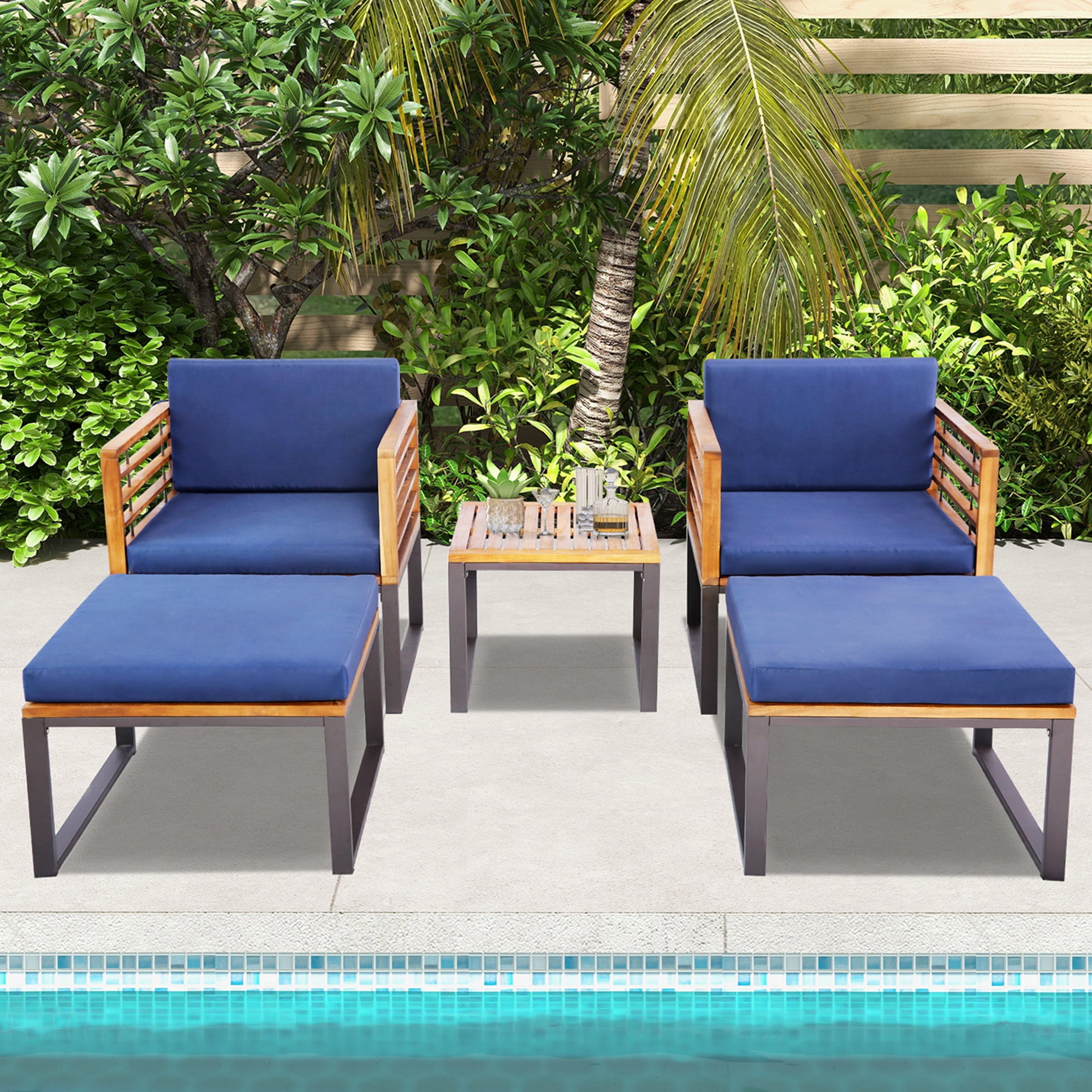 Acacia Wood and Metal 5-Piece Patio Set with Navy Cushions