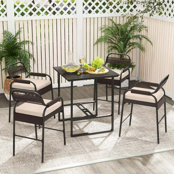 Costway 5-Piece Counter Bar Set Patio Rattan Counter Set with Cushioned Seat