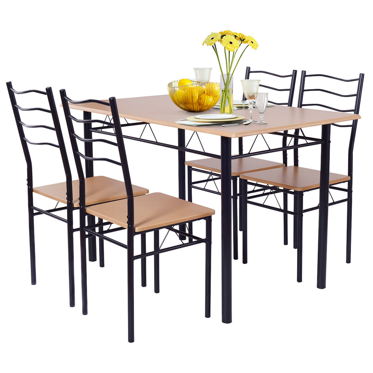 Costway 5 Piece Dining Table Set 29.5" with 4 Chairs Wood Metal Kitchen Breakfast Furniture Brown - image 1 of 8