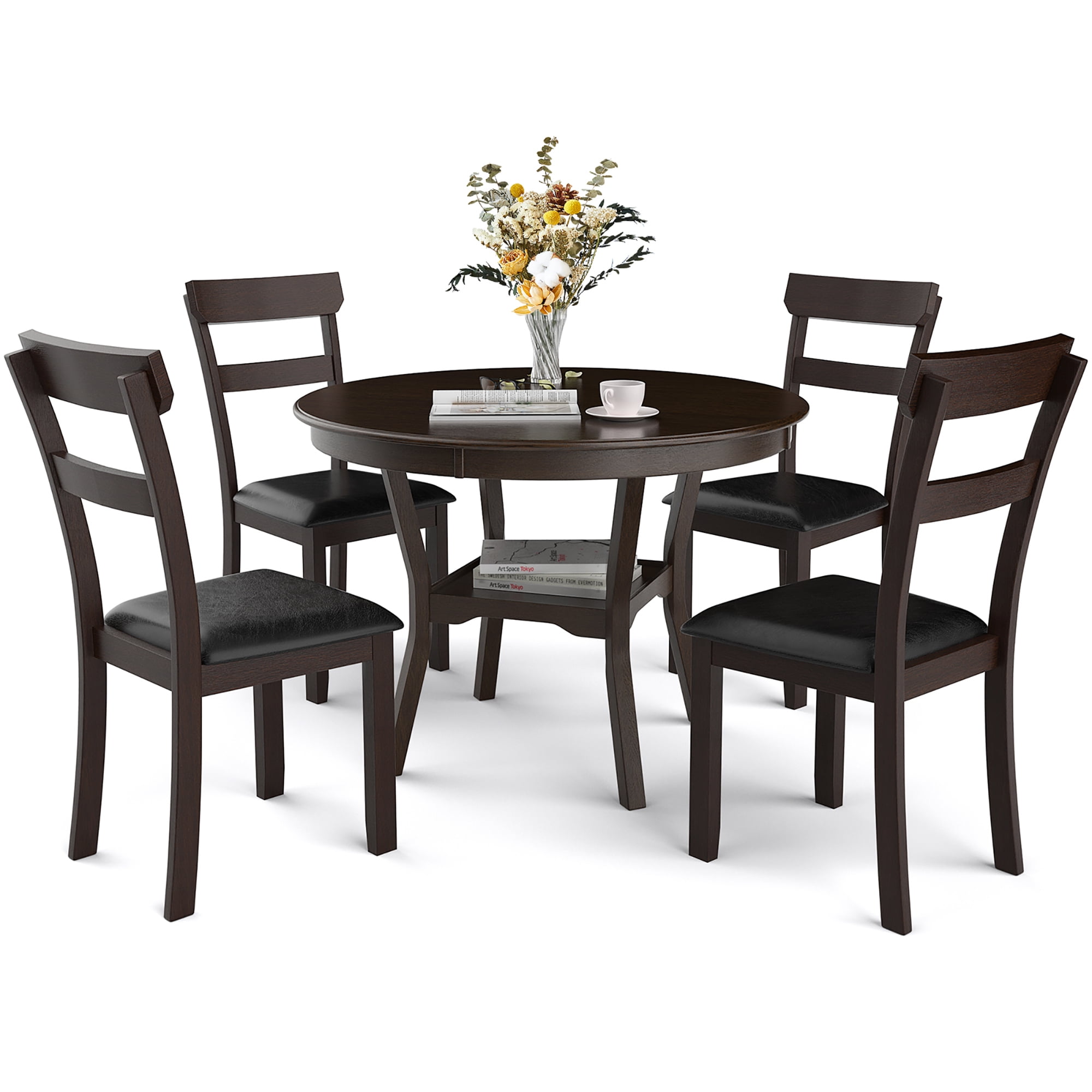 Costway 5Piece Dining Table Set Round Solid Rubber Wood Kitchen W/Dining Table&4 Chairs