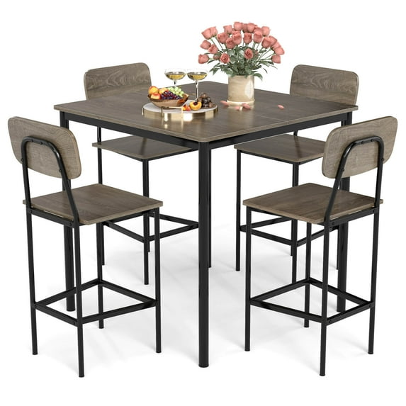 Costway 5-Piece Industrial Dining Table Set with Counter Height Table & 4 Bar Stools Grey