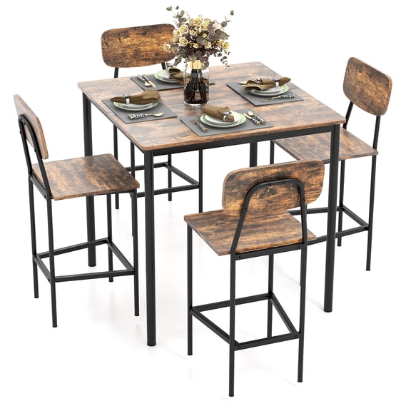 Costway 5-Piece Industrial Dining Table Set with Counter Height Table & 4 Bar Stools Rustic Brown