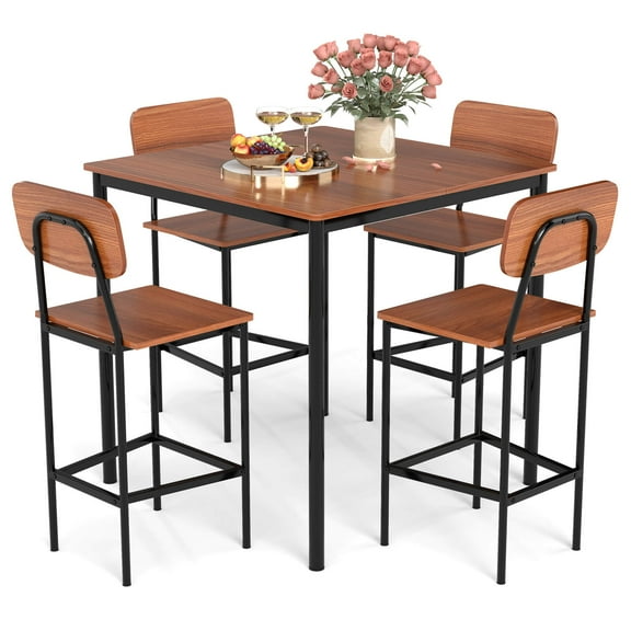 Costway 5-Piece Industrial Dining Table Set with Counter Height Table & 4 Bar Stools Walnut