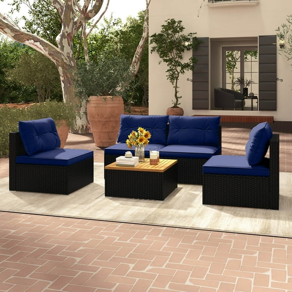 Costway 5 Piece Outdoor Furniture Set with Seat & Back Cushions Acacia Wood Tabletop Blue