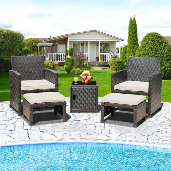 Costway 5-Piece PE Rattan Outdoor Patio Dining Setwith Cover, Off-White