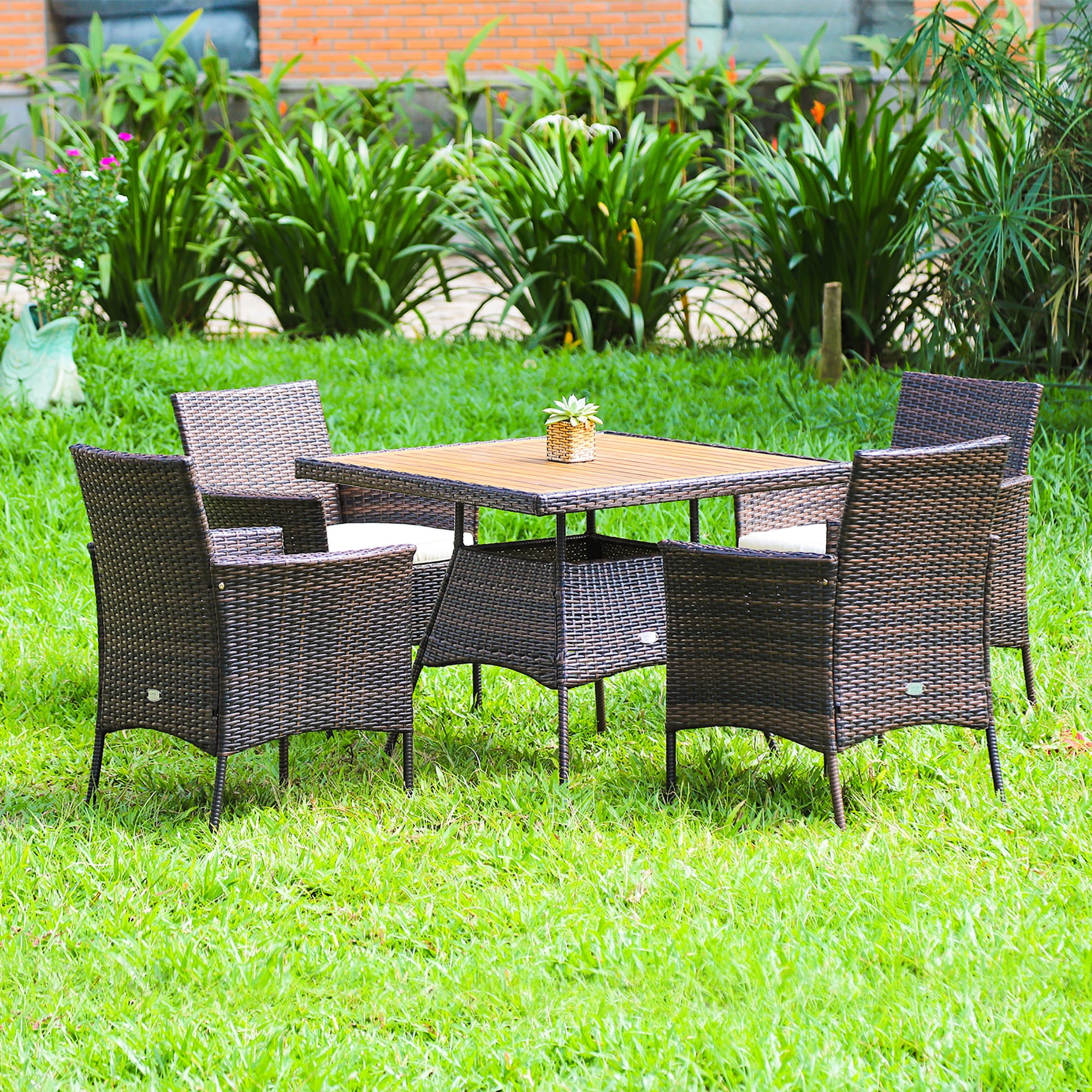 Costway 5 Piece PE Rattan Steel Sponge Acacia Wood Cushion Included Dining Furniture Sets Mix Brown