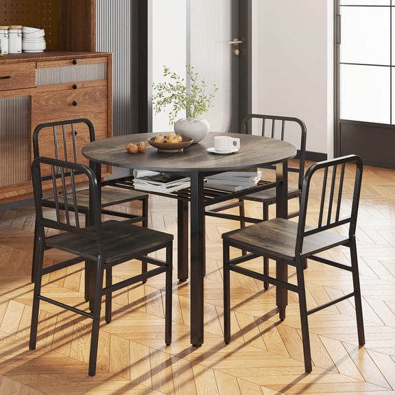 Costway 5-Piece Round Dining Table Set, Space-saving Dinette Table Set with Storage Shelf Gray + Black