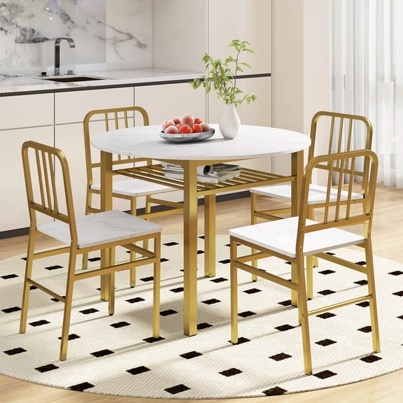 Costway 5-Piece Round Dining Table Set, Space-saving Dinette Table Set with Storage Shelf White + Gold