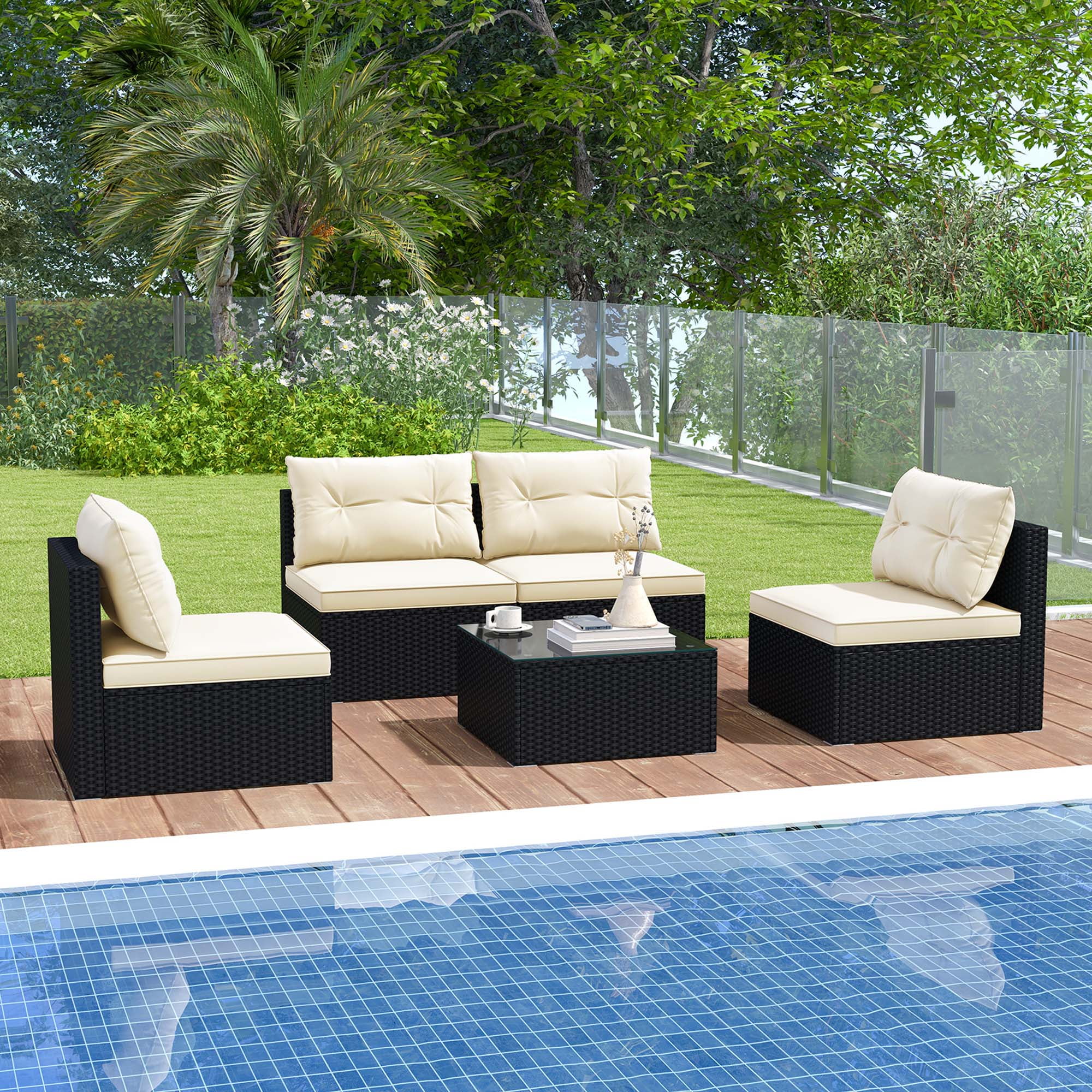 Costway 5 Piece Patio Rattan Wicker Furniture Conversation Set Cushioned Sofa Deck in Off White