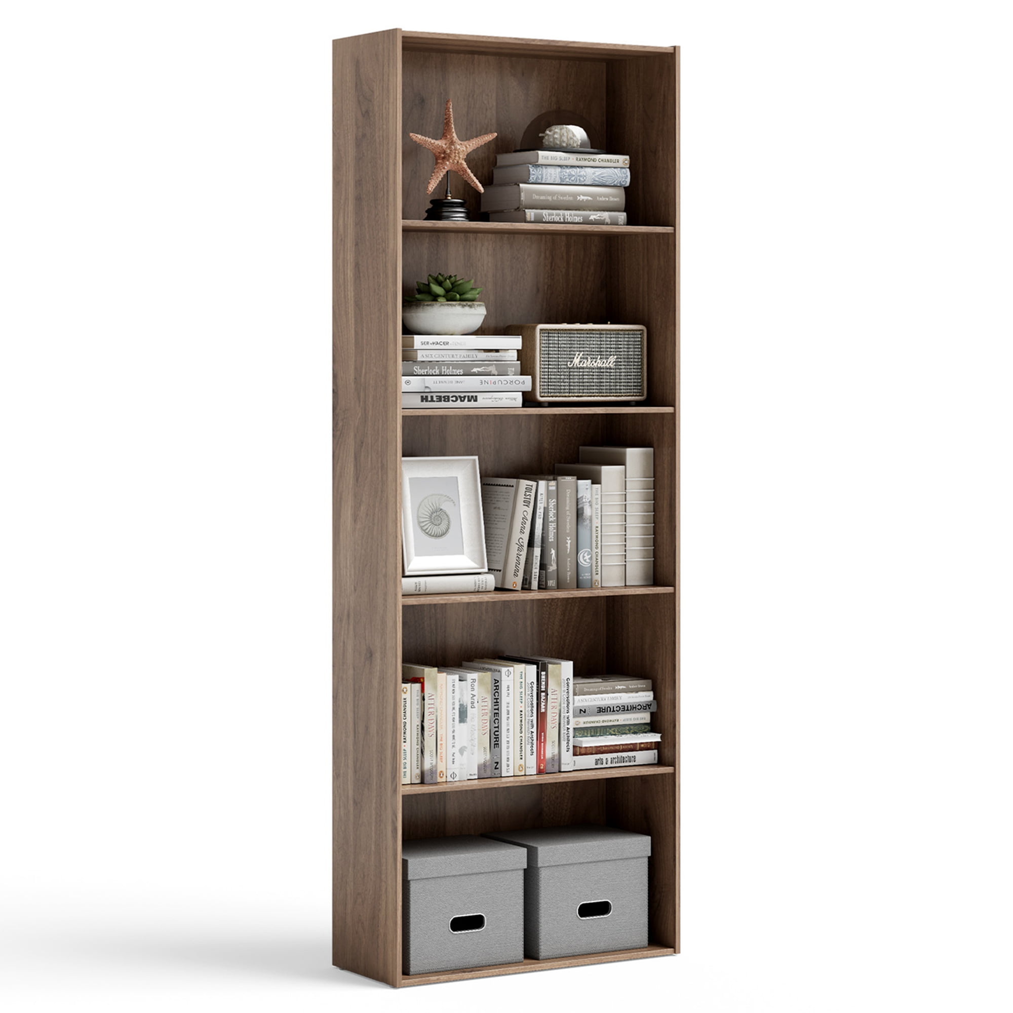 Walnut Modern 5-Layer Open Storage Bookcase 74"x17"