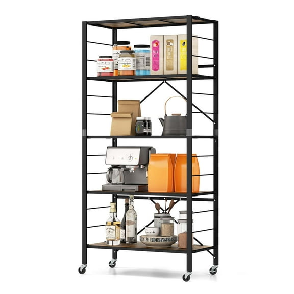 Costway 5-Tier Folding Shelf Free DIY Design Shelving Unit with 4 Universal Wheels Kitchen Black
