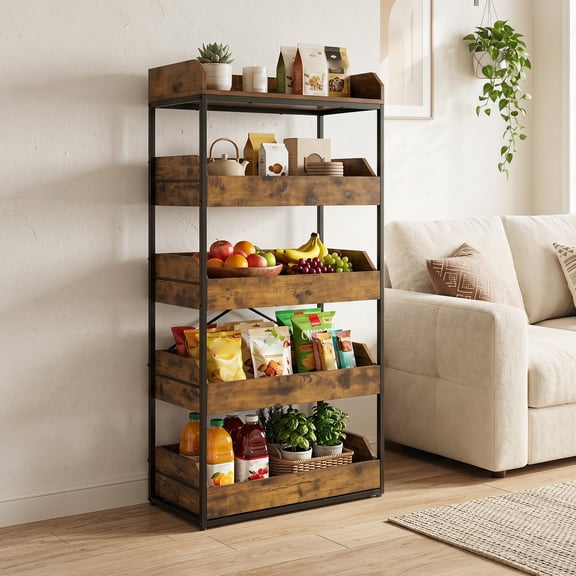 Costway 5-Tier Food Storage Rack, Retail Snack Display Shelf with 4 Pull-out Drawers Rustic Brown