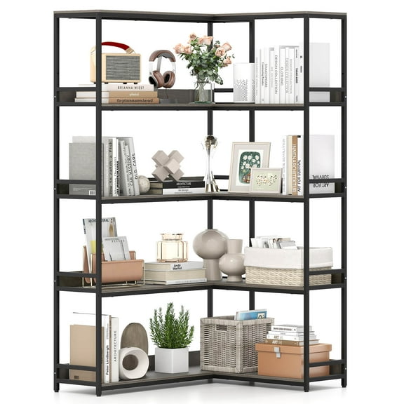 Costway 5-Tier L-Shaped Bookcase Corner Bookshelf with Metal Frame Open Display Shelf Gray