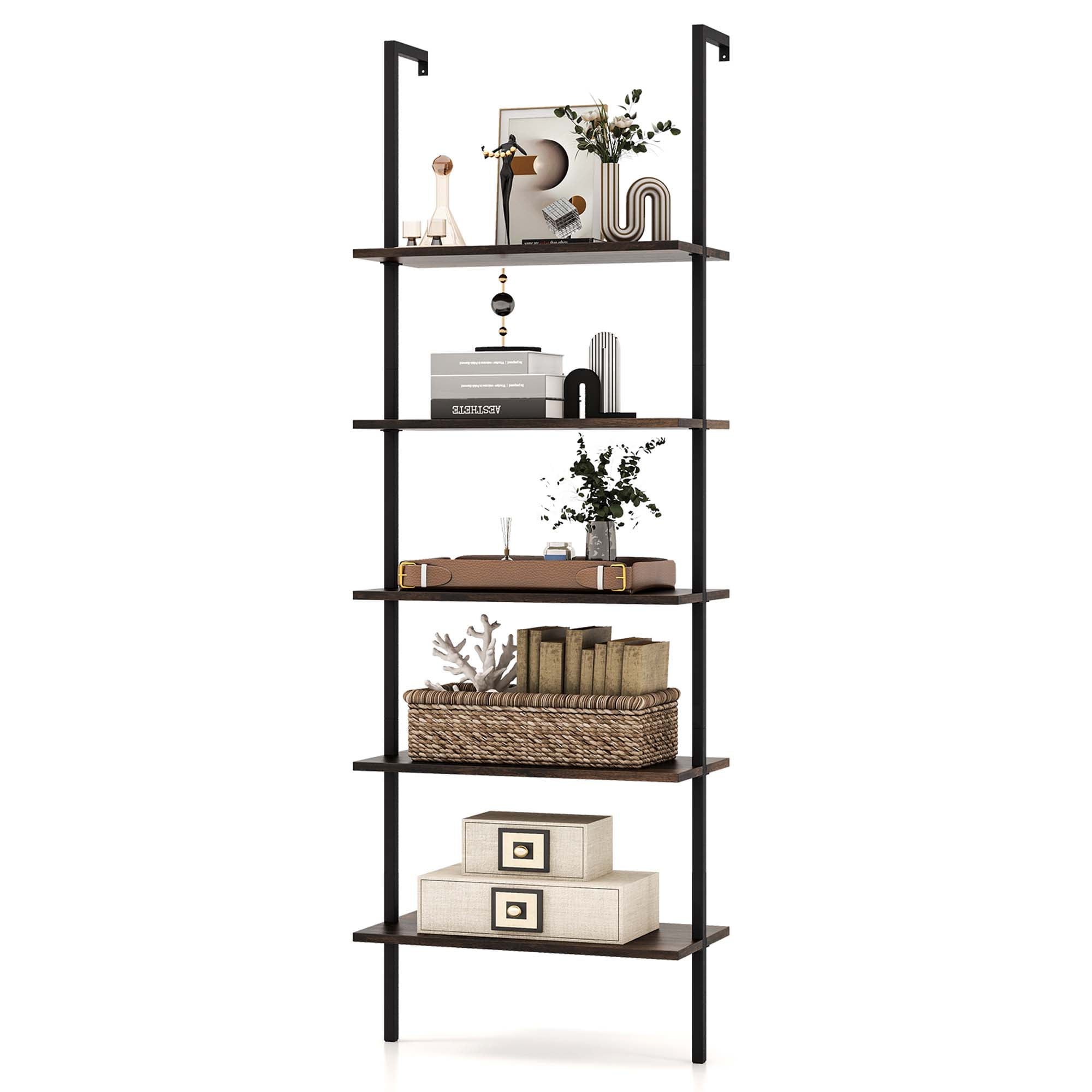 Costway 5 Tier Ladder Shelf 71'' Height Wall-Mounted Bookshelf Display Storage Organizer Brown